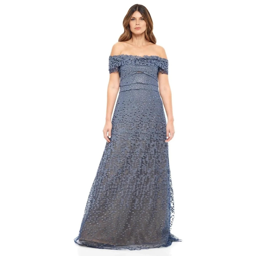 Rene Ruiz Off the shoulder Gown Metallic Lace Beaded Evening Dress Navy Blue 10